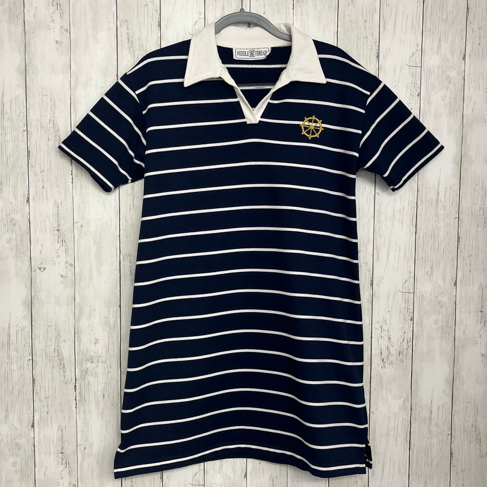 Vintage Needle & Threads Short Sleeve Striped Nautical Boat Money Shirt Dress